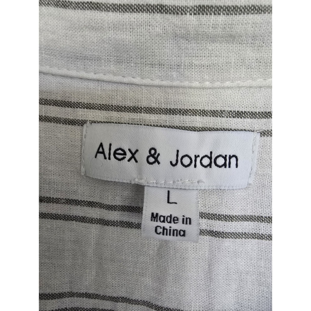 Striped Linen Blend Cream Green Short Sleeve Button Up Shirt Size Large - Picture 2 of 8
